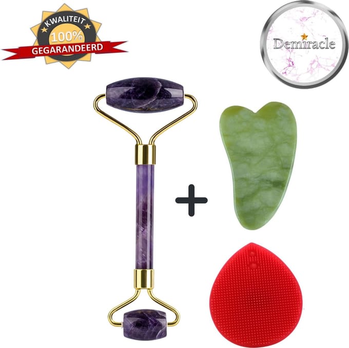 Demiracle Amethist Face Roller met Gua Sha Schraper en Rode Siliconen Gezichtsborstel - Gezichtsroller - Massage Roller - Jade Roller - Rimpelverwijdering - Ontspanning