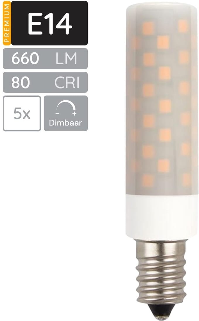 SPL E14 LED Lamp 6W Dimbaar - Neutraal Wit - 660lm - LED Buislamp T18 - Opaal - 5 Stuks
