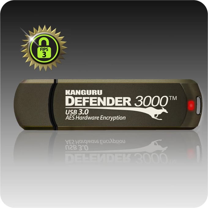 Kanguru - Defender 3000 – 128 GB - Hardware Encrypted USB-Stick – USB 3.0 – FIPS 140-2 Level 3 – Zwart