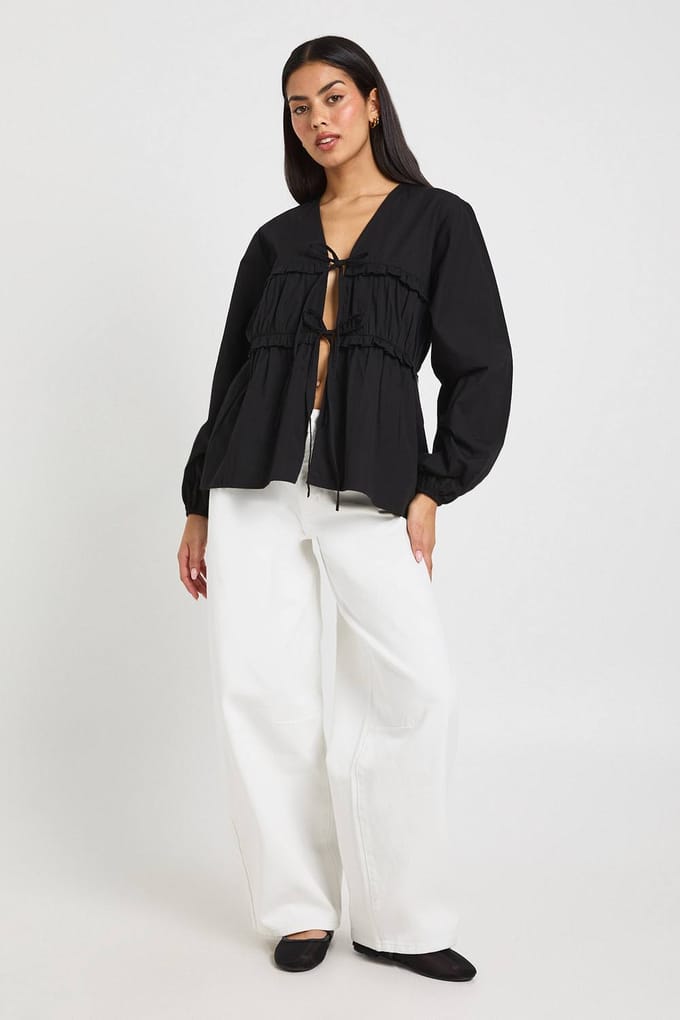 boohoo Dames Strikblouse met Ruches in Poplin | Zwart | Maat: 38