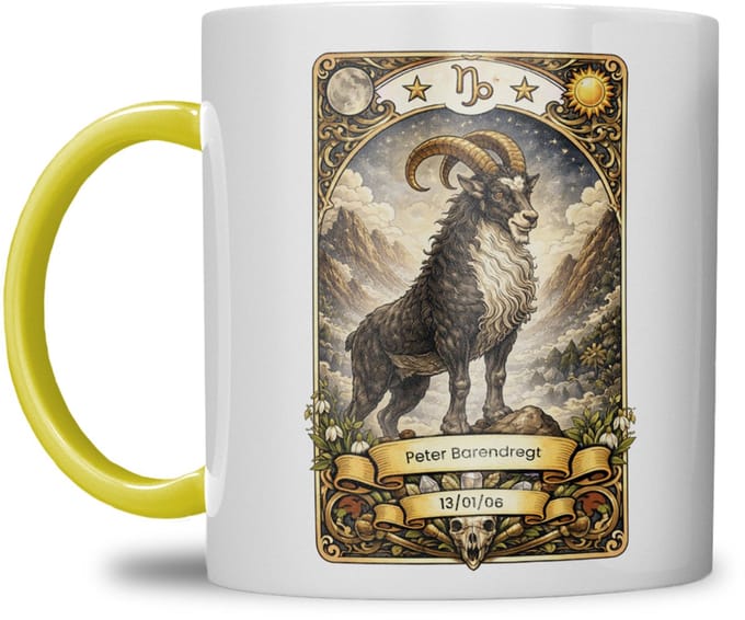 Sterrenbeeld mok - Steenbok - Geel - Tarot mok - Gepersonaliseerd met naam en datum