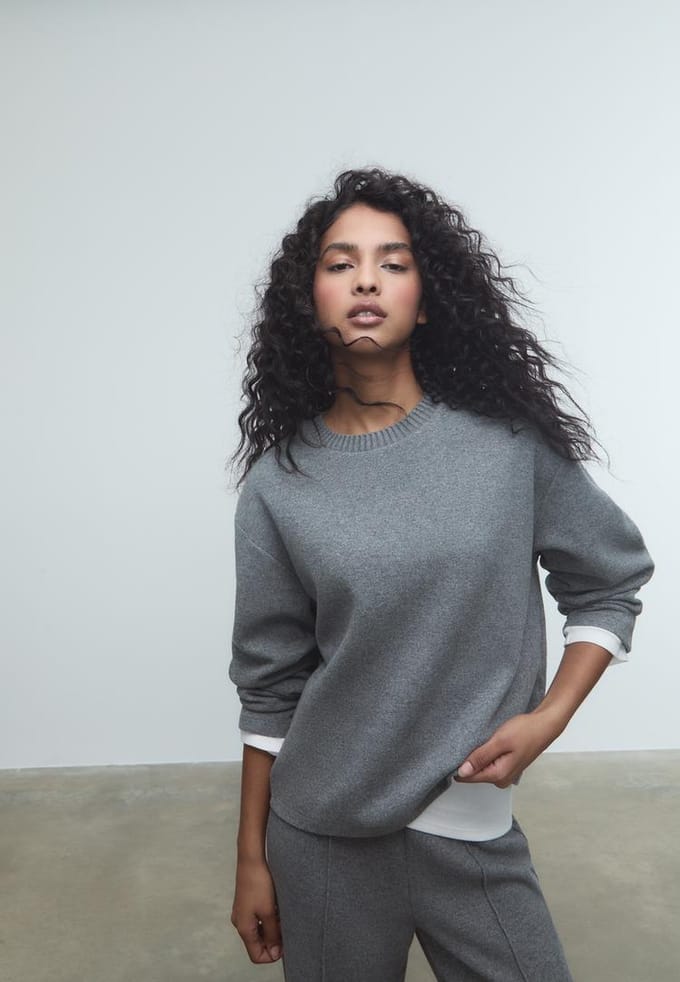 Stradivarius Gebreid T-shirt met ronde hals  Donkergrijs S