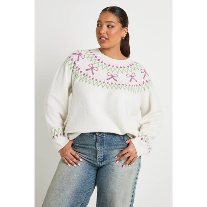 boohoo Dames Plus Bow Fairisle trui | Ivory | Maat: 16-18