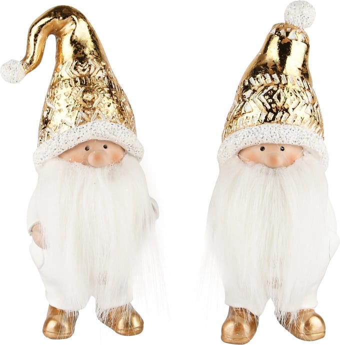 Dekoratief | Gnoompje m/baard, goud/wit, resina, 7x7x17cm, set van 2 stuks | A235140