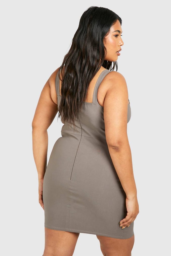 boohoo Dames Plus Bengaline Met Veters Bodycon Jurk | Taupe | Maat: 46