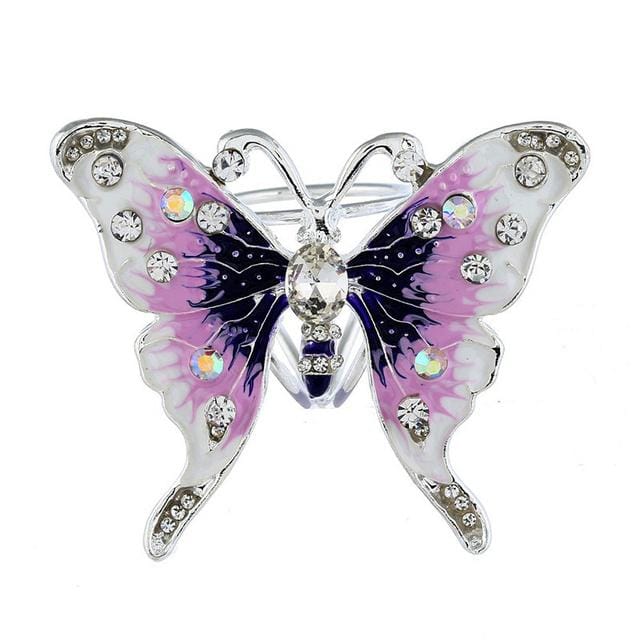 Mode Doux et Ravissant Argent Creux Cristal Papillon Trois Anneaux Boucle de Foulard Broche Accessoires violet