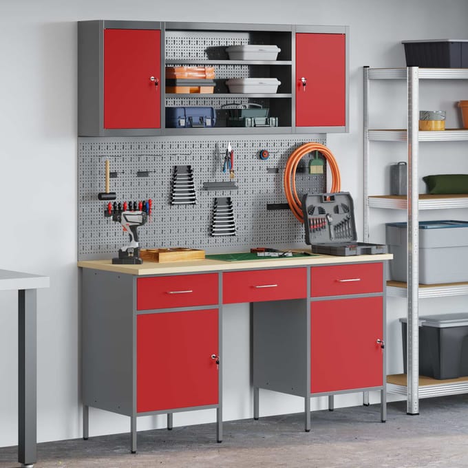 vidaXL - Werk - Cabinet - 7 - st - Rood - en - Grijs - Engineered - hout - en - staal