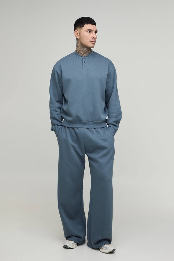 Lang Oversized Boxy Henley Sweatshirt En Wijde Pijpen Joggingbroek | Slate | Size Medium