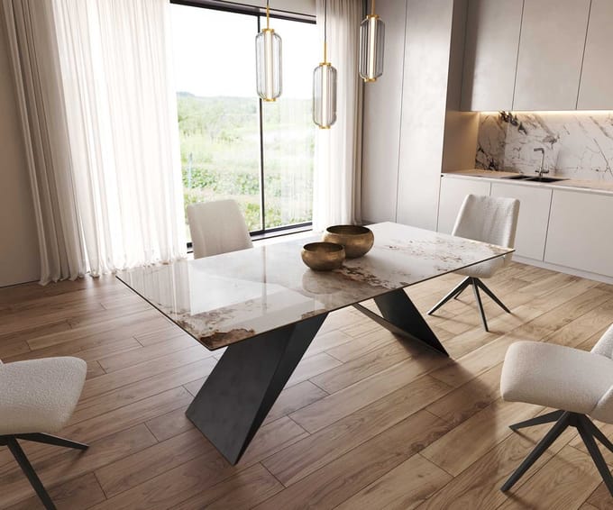 Eetkamertafel Edge keramiek Minas Melange wit-beige 200x100 V-frame vlak staal zwart
