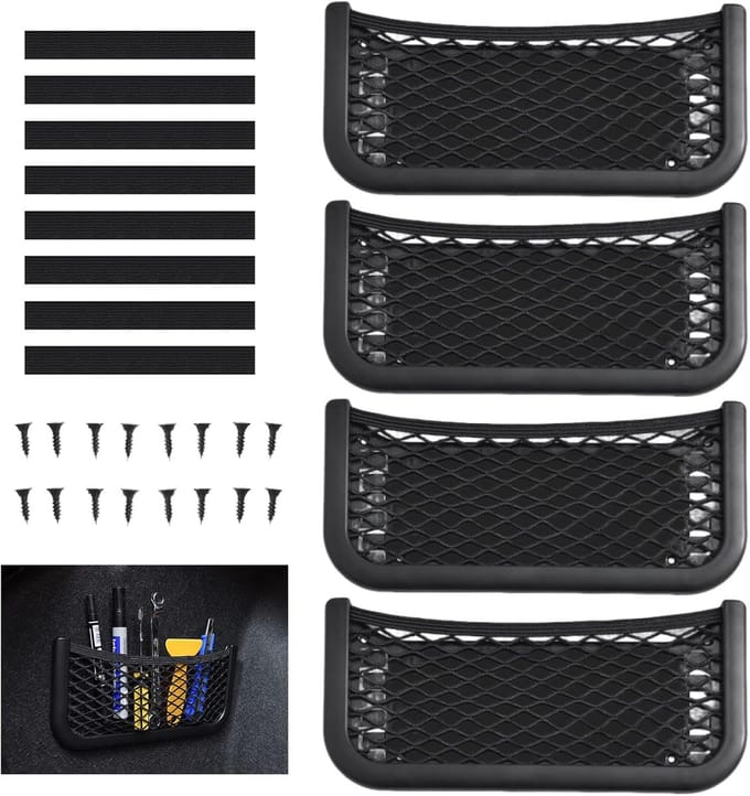 Famanu - Set van 4 universele auto-opbergnetten 26x12 cm met elastiek en schroeven – Zwart