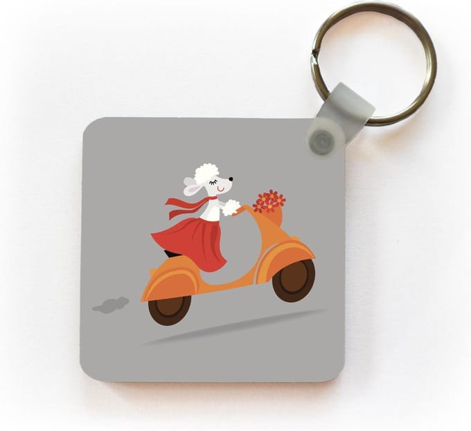 Sleutelhanger - Uitdeelcadeautjes - Illustratie van een hond op een Vespa - Plastic