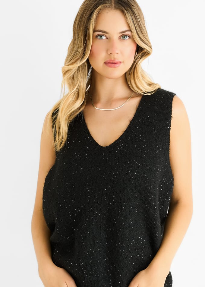 Zwarte glittervest met V-hals en sequins