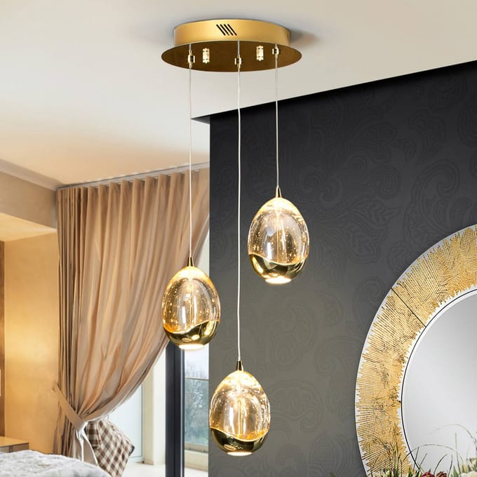 Schuller Valencia Hanglamp Rocio 3-lamps, metaal, glas, goud