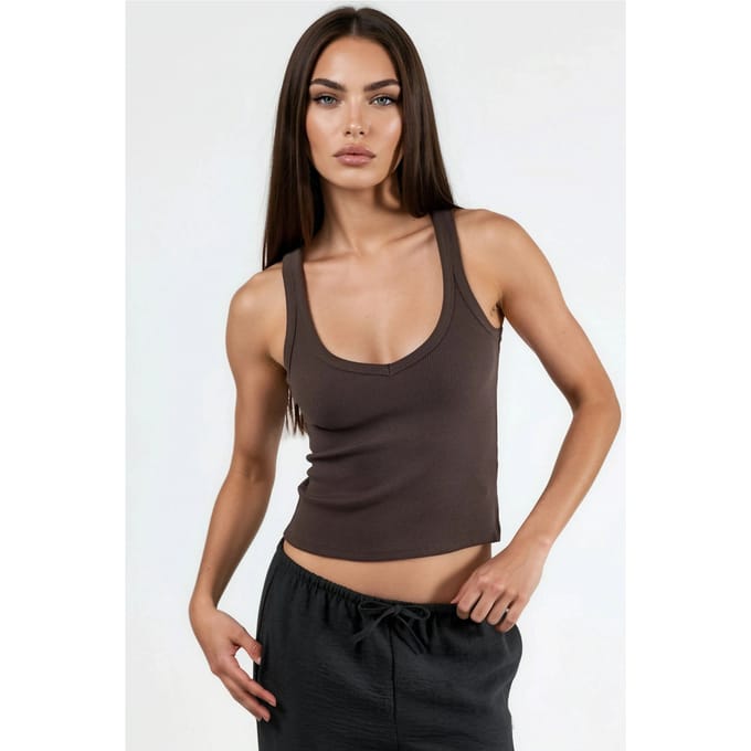 V-hals Geribde Viscose Mix Mouwloze Top
