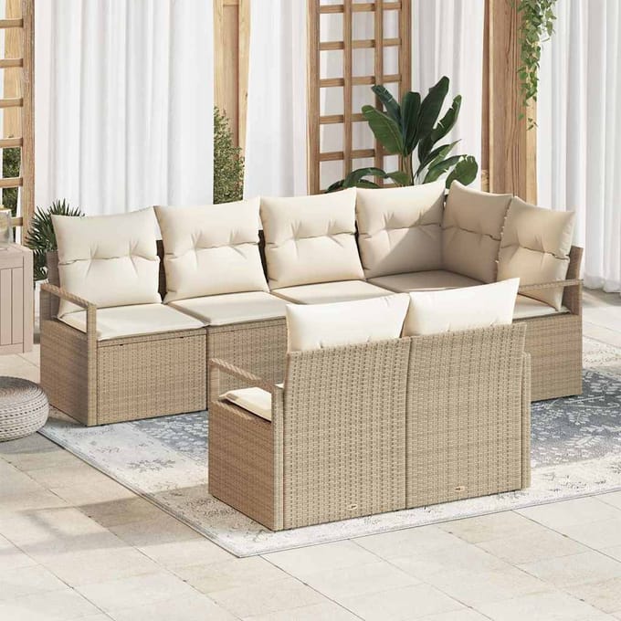 vidaXL - Tuinbank - Set - 7 - st - Beige - en - Wit - poly - rattan