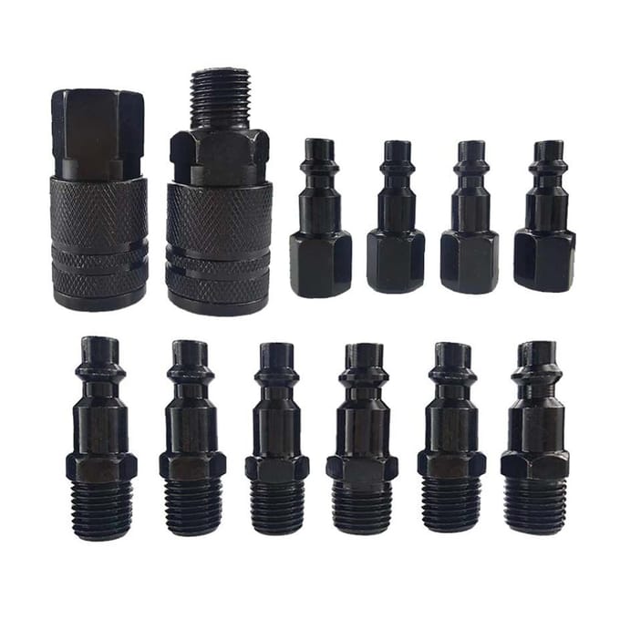 12PCS 14'' NPT Luchtkoppeling & Plug Kit, Industriële Type D Snelkoppelingsset, Luchtcompressorslang zwart