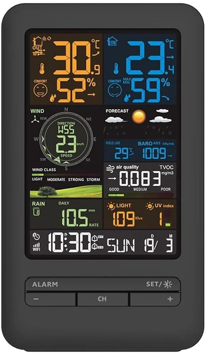Weerstation Alarm - Hygrometer Thermometer - Binnen Buiten Meten - Draadloze Buitensensor - Luchtkwaliteit Regen Wind