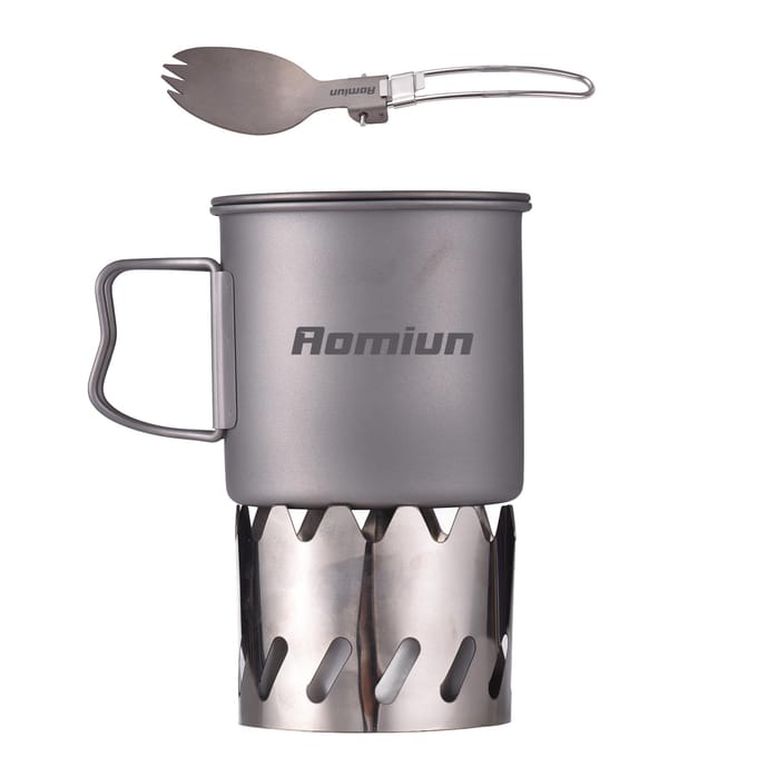 Kampeer kookset Ti 500ml Mok Vork Lepel Alcoholbrander Windscherm Draagbare Kampeer kooksets voor gray