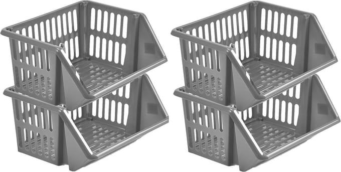 Whitefurze Mand/organizer - 4x - stapelbaar - grijs - 35 x 29 x 17 cm