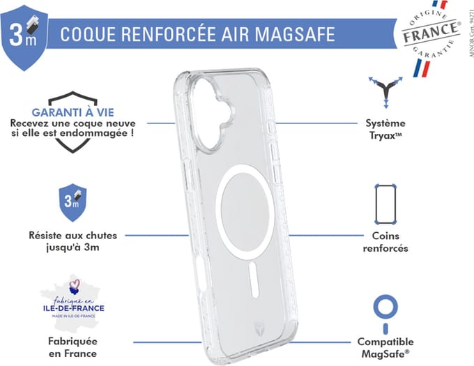Force Case, Hoesje geschikt voor iPhone 16 - MagSafe AIR Versterkt Tryax System 3M OFG, Transparant
