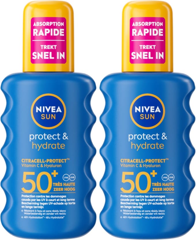 NIVEA SUN Protect & Hydrate Zonnebrand Spray - SPF 50 - Zonnespray - Hydrateert - Met Vitamine C - Duopack - 2x 200 ml