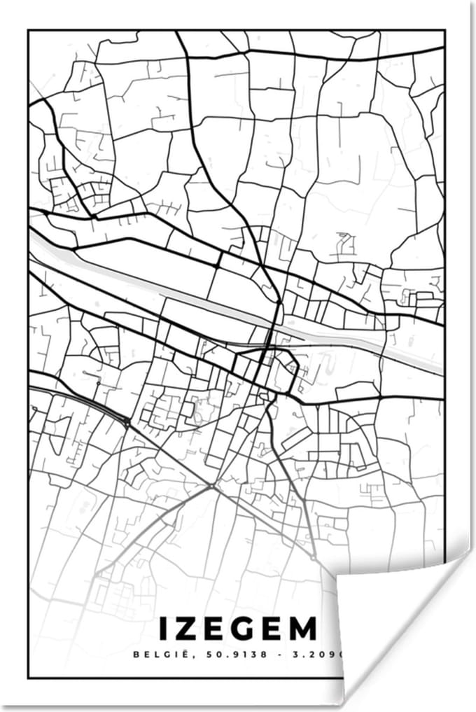 Poster België – Izegem – Stadskaart – Kaart – Zwart Wit – Plattegrond - 20x30 cm