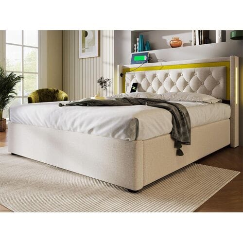Merax Gestoffeerd opbergbed - 140 x 200 cm - met USB Type C stopcontact en LED's - lattenbodem - kleur beige