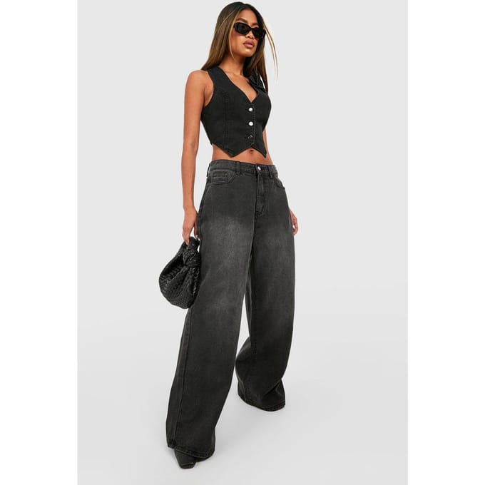boohoo Dames High Waist Wide Leg Jeans | Washed Black | Maat: 38