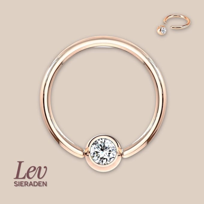 Titanium Ball closure ring piercing - 1.2x10mm - Roze met zirkonia steen - Lev Sieraden - BCR - Piercing ring