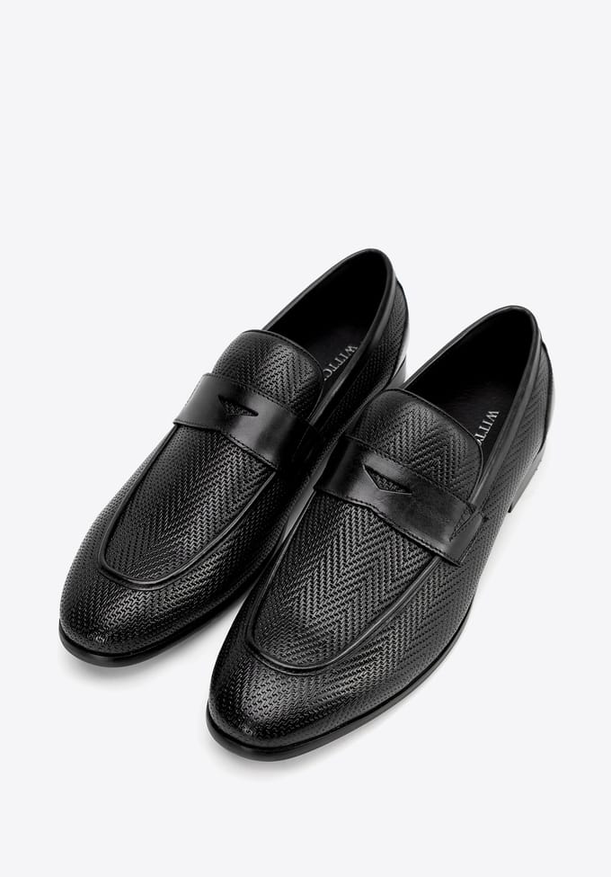Wittchen - Herringbone Lederen Mocassins - Zwart - Decoratieve Band - Platte Hak