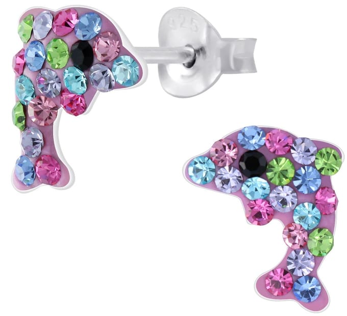 Joy|S - Zilveren dolfijn oorbellen - kristal multicolor