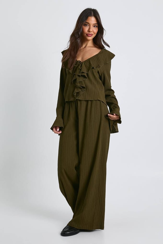 boohoo Dames Gerimpelde getextureerde blouse & wijde pijpen broekset | Olijf | Maat: 36