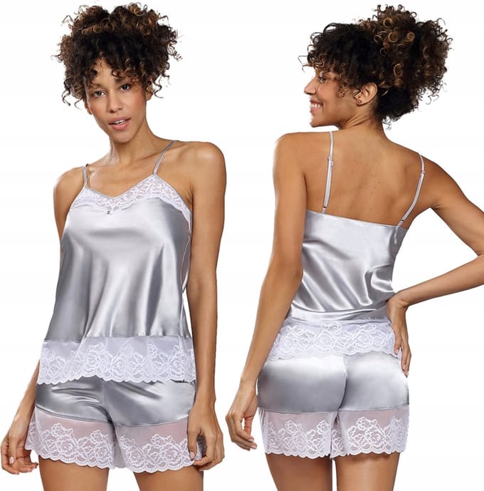 Korte satijnen pyjama - Prachtige shortama met kant - DKaren - Isabella - silver S