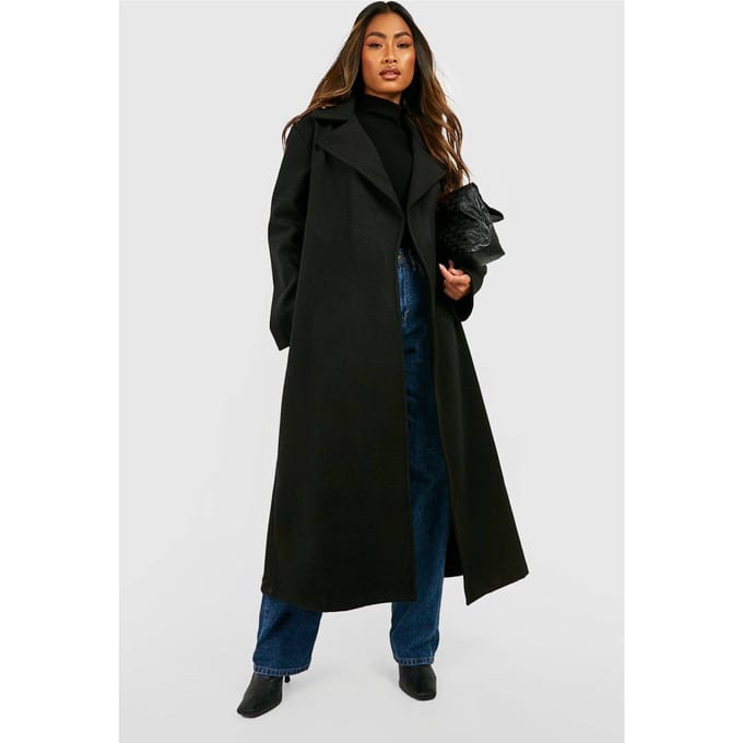boohoo Dames Oversized Maxi Wol-Look Jas | Black | Maat: 8