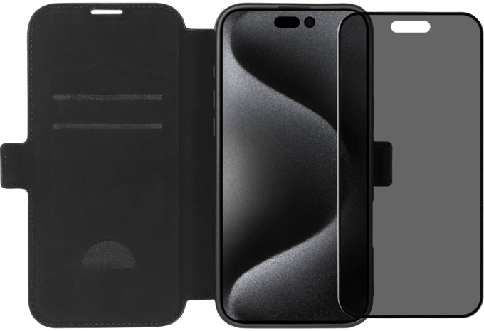 BlueBuilt Apple iPhone 16 Pro Max Book Case Leer Zwart + Privacy Screenprotector Glas