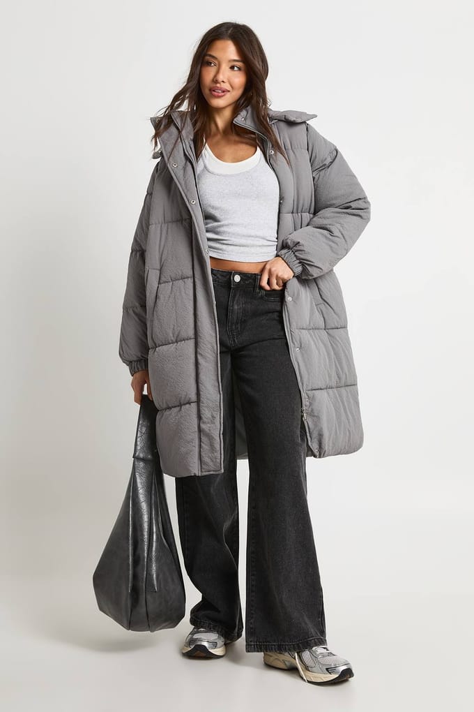boohoo Dames Getextureerde capuchon maxi puffer | Grey | Maat: 8