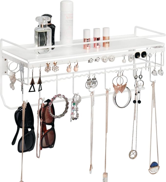 Wandmontage Witte IJzeren Cosmetica & Sieraden Organizer met Plank en Haken