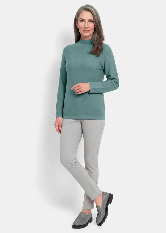 Fijn gebreide tricot pullover met opstaande kraag - grijsgroen - Gr. 48 van Goldner Fashion