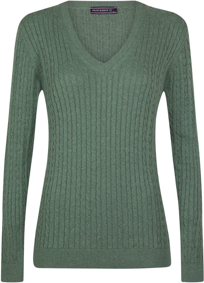 Felix Hardy Kabelgebreide Trui Met V-Hals - 100% Katoen Dames Groen - M