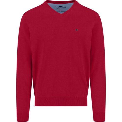 Fynch-Hatton Trui Solid Color Superfine 3-Ply Cotton V-Neck Cranberry Red / male