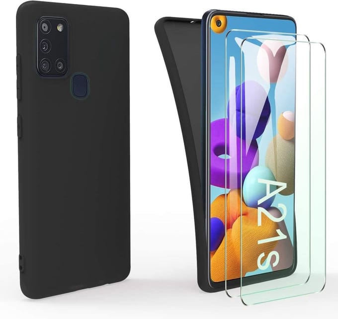 Silicone hoesje zwart met 2 Pack Tempered glas Screen Protector Geschikt voor:  Samsung Galaxy A21S