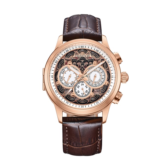 Heritor Automatic Apostle horloge met leren band en dag-/datumfunctie - roségoud/wit