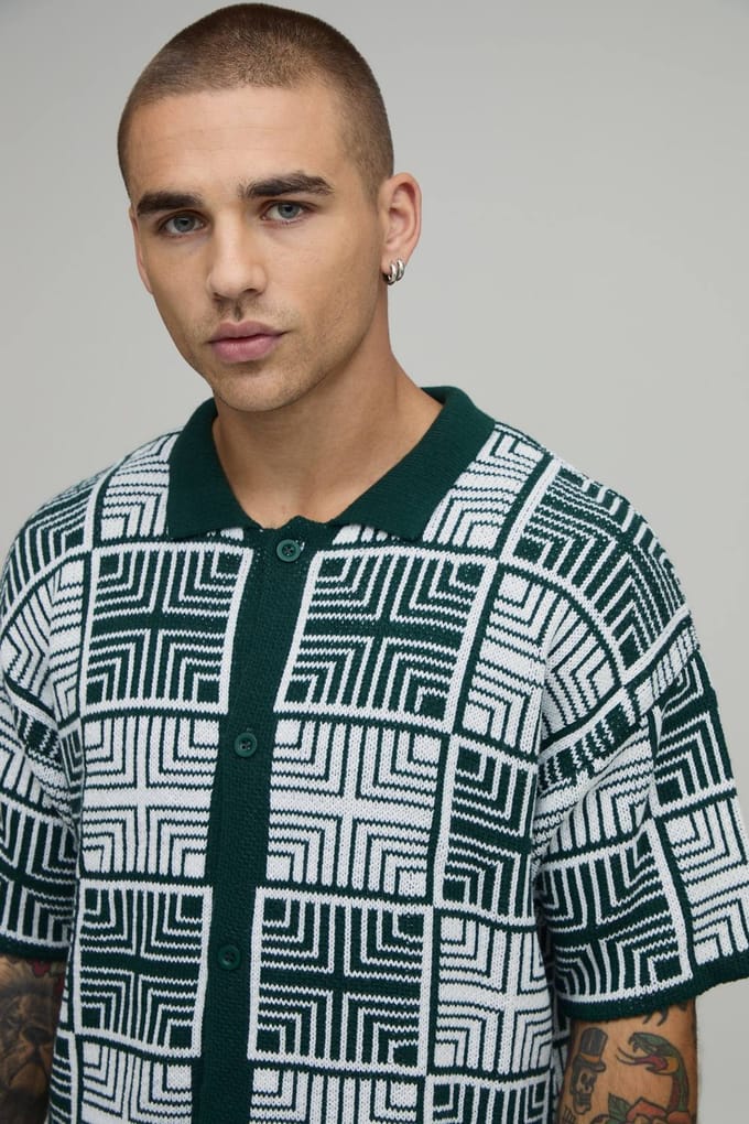 Boxy Fit Square Tapestry Button Up Knitted Shirt | Olive | Size Small