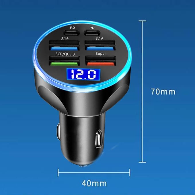 6 poorten USB-autolader 4 USB + 2 PD snel opladen PD QC3.0 USB C autotelefoonoplader Type C-adapter voor iPhone Samsung Huawei met spanningsweergave wit