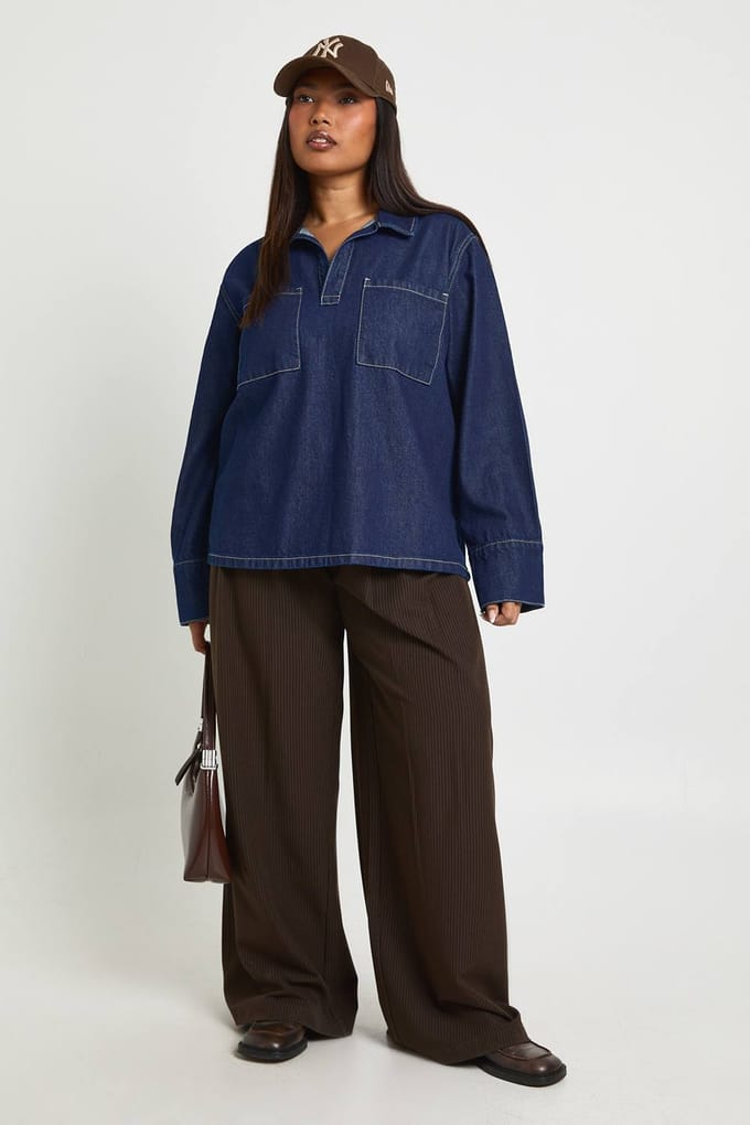 boohoo Dames Plus Denim Rugby Shirt met Kraag | Indigo | Maat: 48