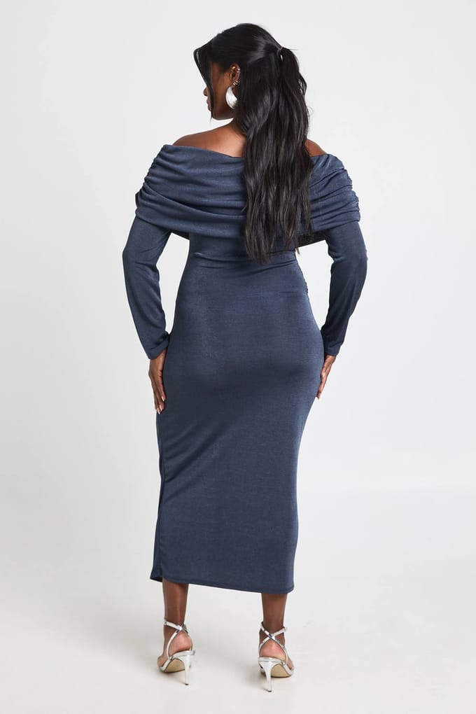 boohoo Dames Plus Gedrapeerde Bardot Midaxi Jurk | Charcoal | Maat: 26
