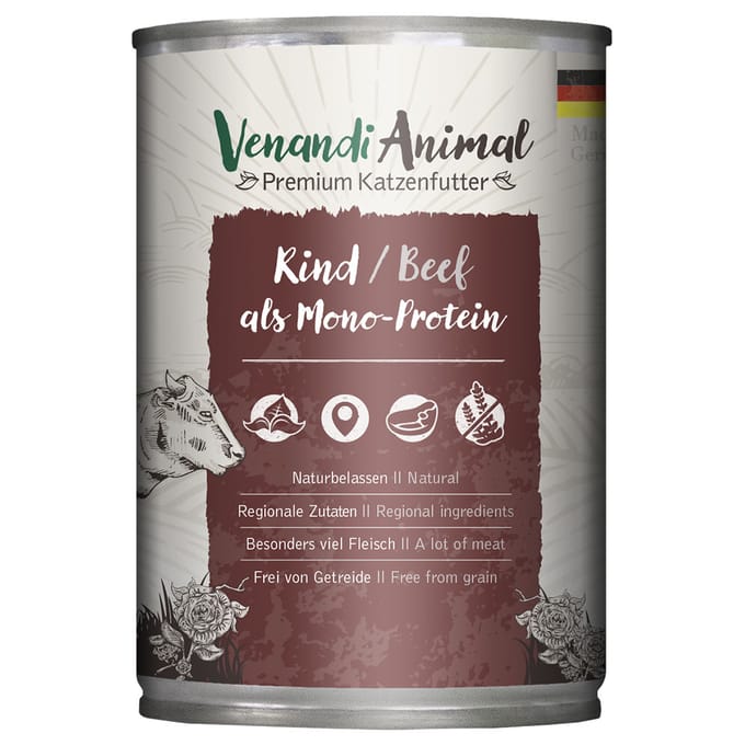 6x400g Venandi Animal Monoprotein Rundvlees kattenvoer nat