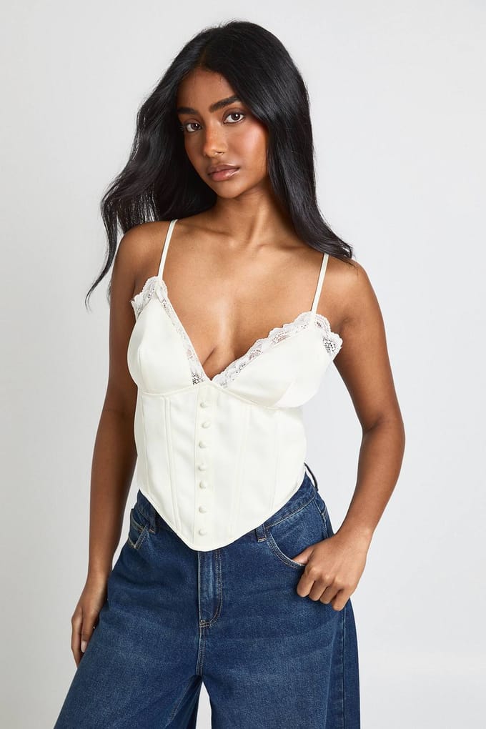 boohoo Dames Kanten Trim Baleinen Corset Top | Ivoor | Maat: 34