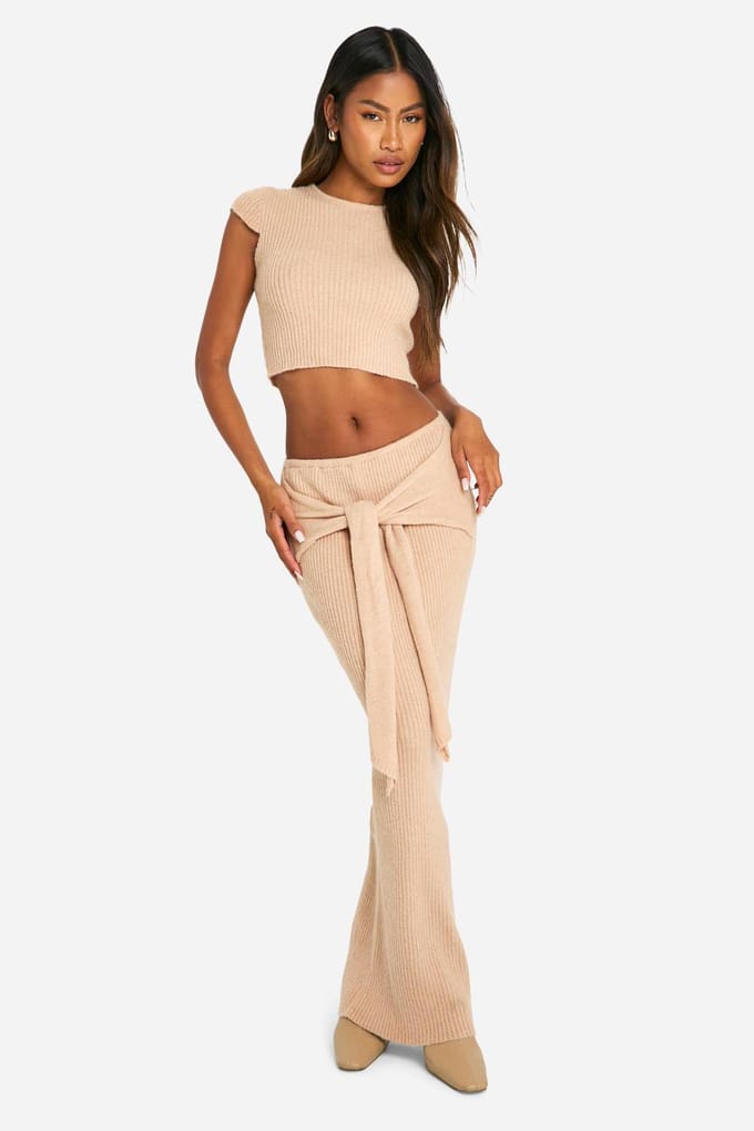 boohoo Dames Ribgebreide top & gedrapeerde maxi-rok co-ord | Beige | Maat: Large