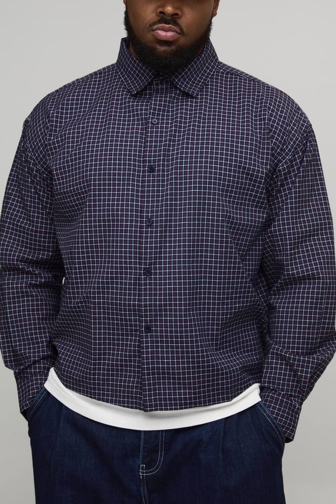 Plus oversized boxy varsity-print micro-check overhemd | Grey | Size 2XL